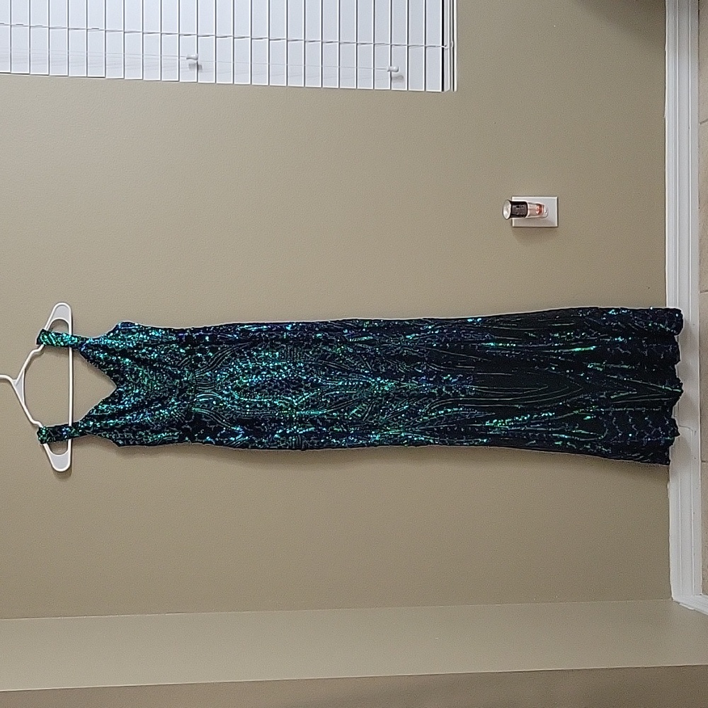 Women's green and blue sequence formal gown